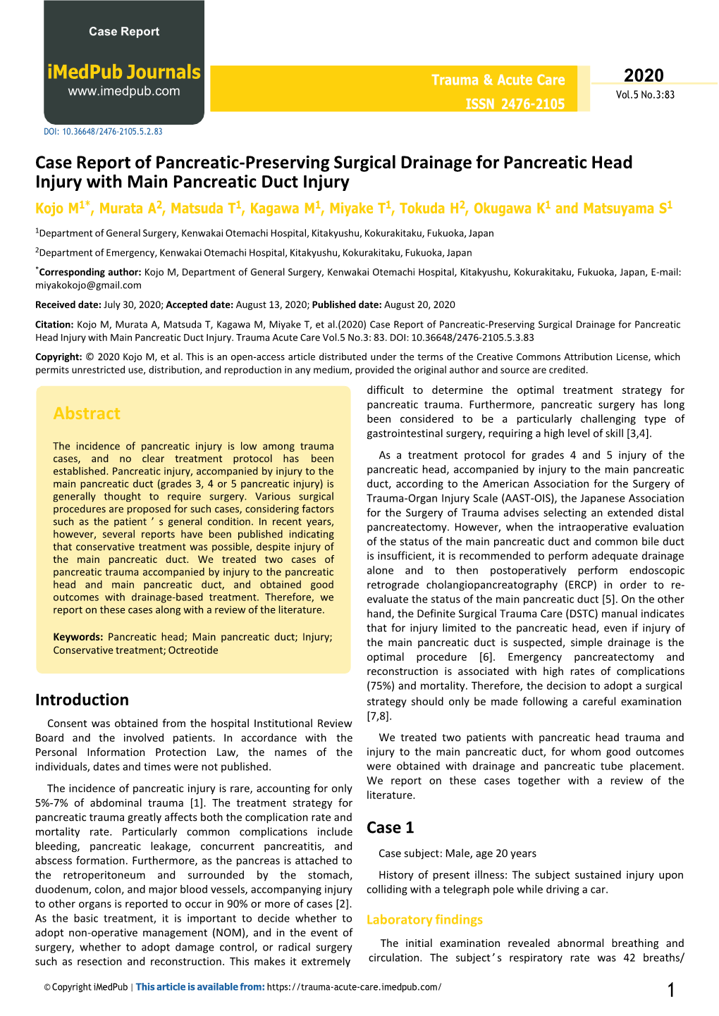 Case Report of Pancreatic-Preserving Surgical Drainage for Pancreatic Head Injury with Main Pancreatic Duct Injury