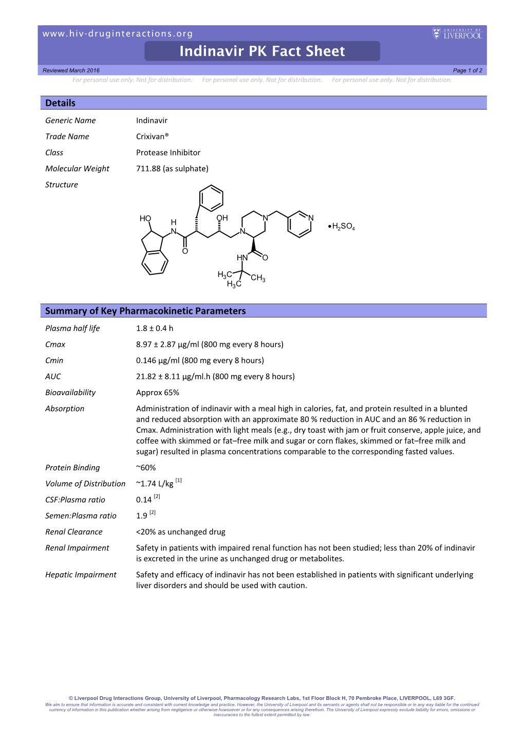 Indinavir PK Fact Sheet Reviewed March 2016 Page 1 of 2 for Personal Use Only
