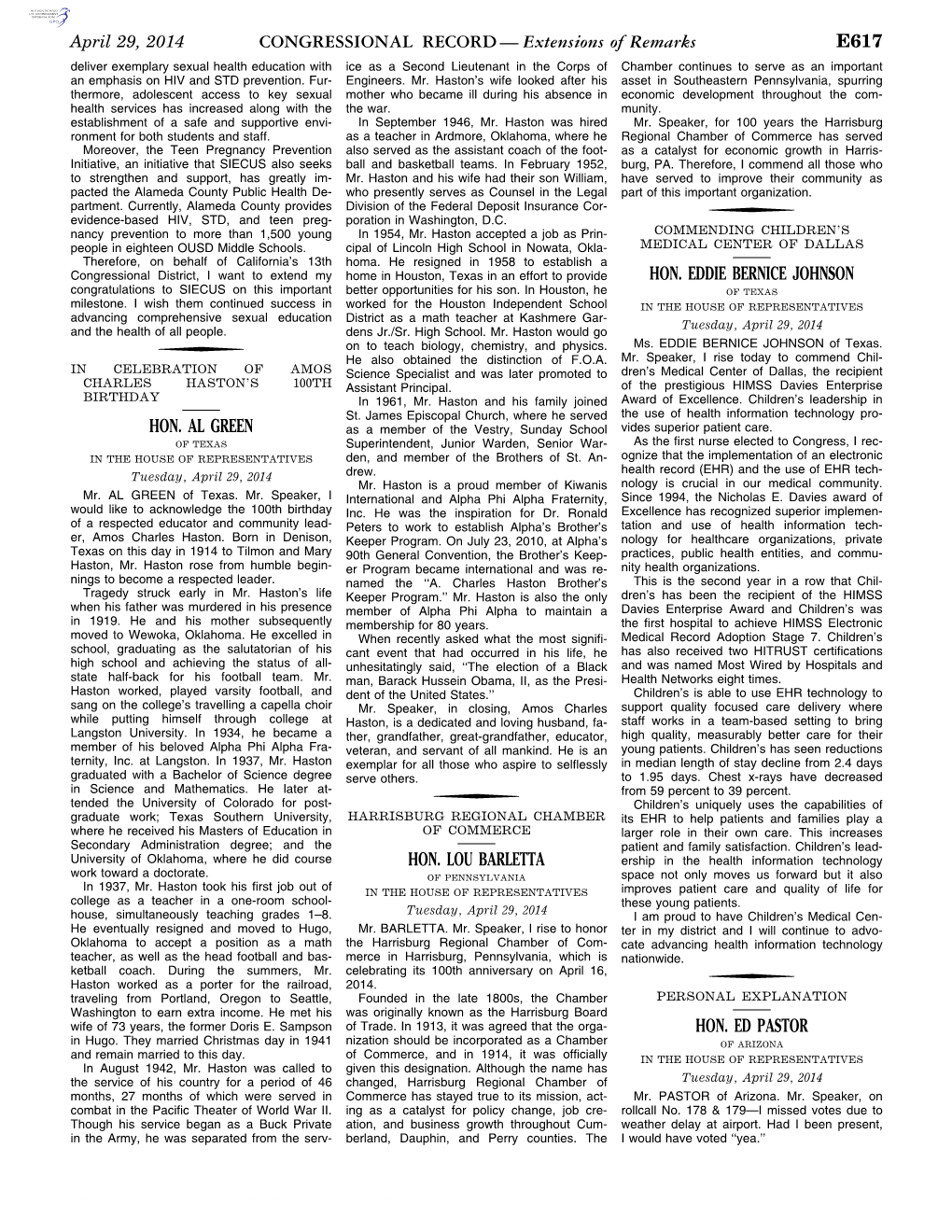 CONGRESSIONAL RECORD— Extensions of Remarks E617 HON