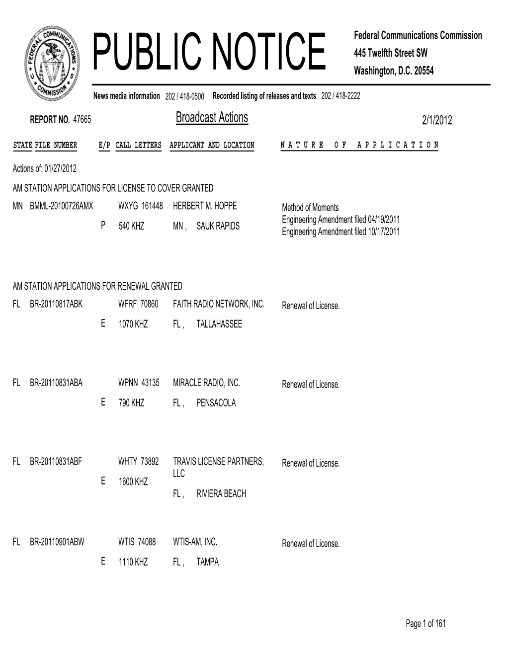 Broadcast Actions 2/1/2012