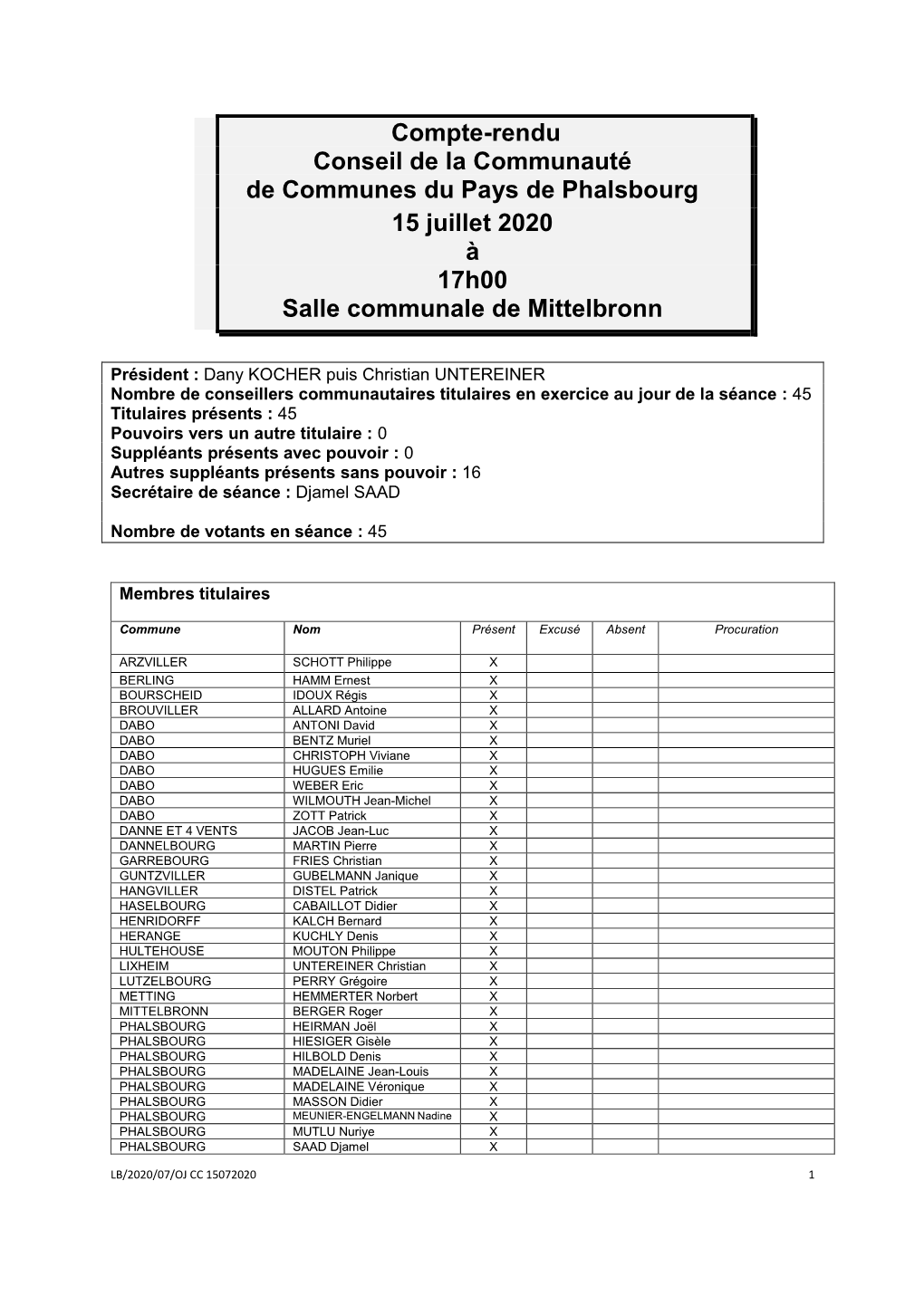 Compte Rendu Du Conseil Communautaire Du 15 Juillet 2020