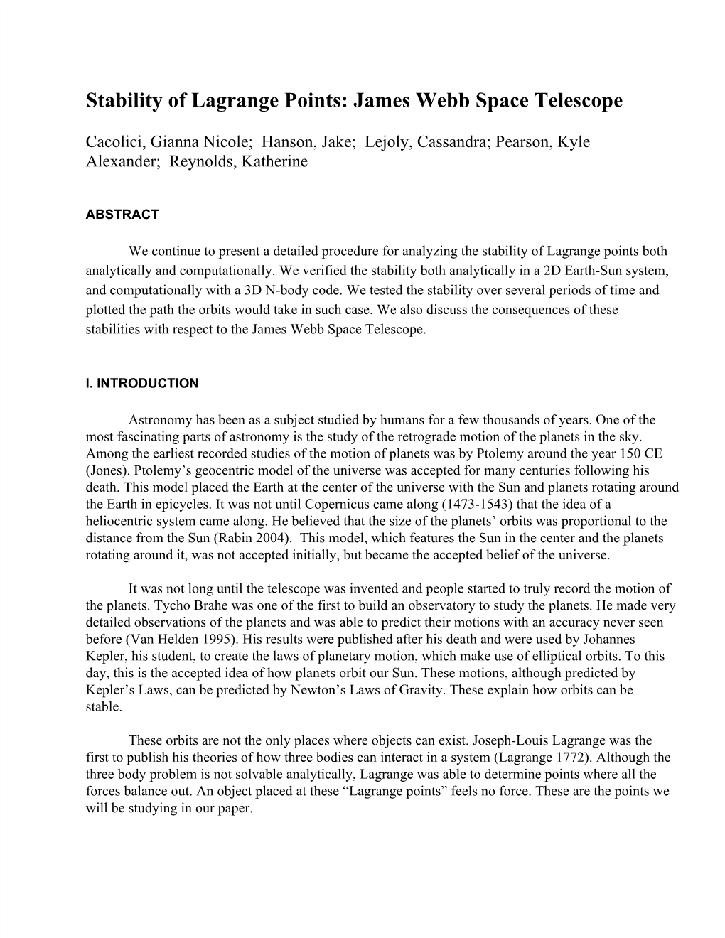 Stability of Lagrange Points: James Webb Space Telescope