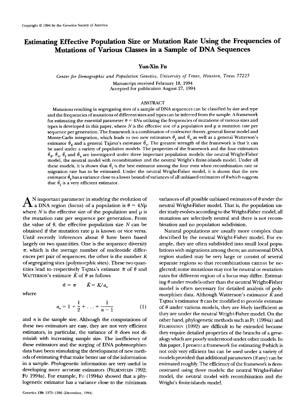 Estimating Effective Population Size Or Mutation Rate Using the Frequencies of Mutations of Various Classes in a Sample of DNA Sequences