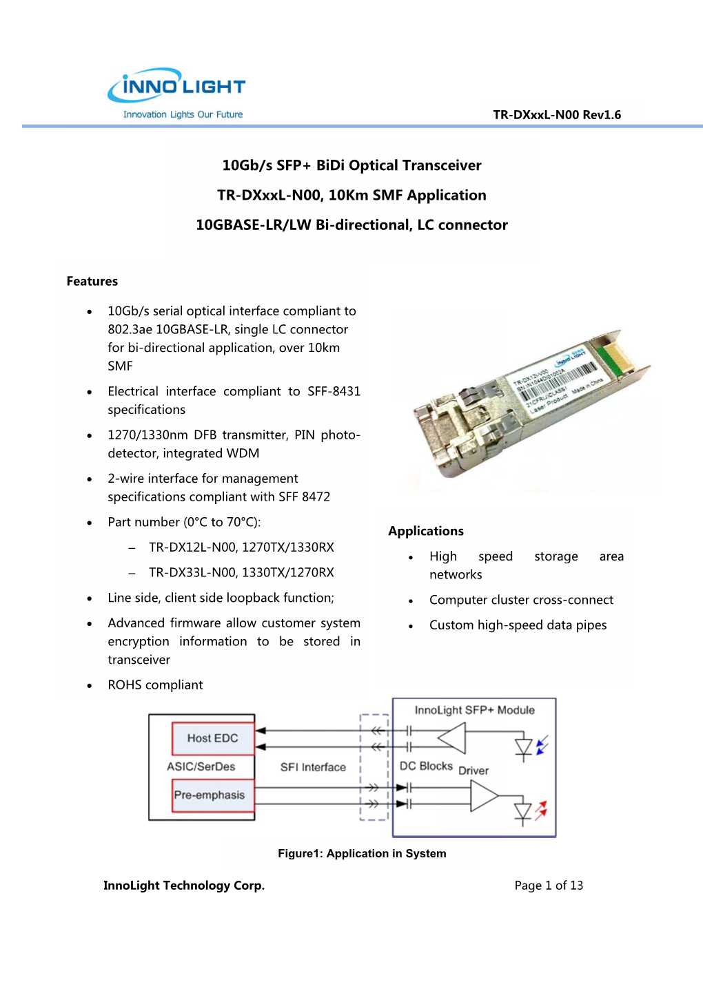 10Gb TR-D 10GBAS B/S SFP+ Dxxxl-N00 E-LR/LW Bidi Opti 0