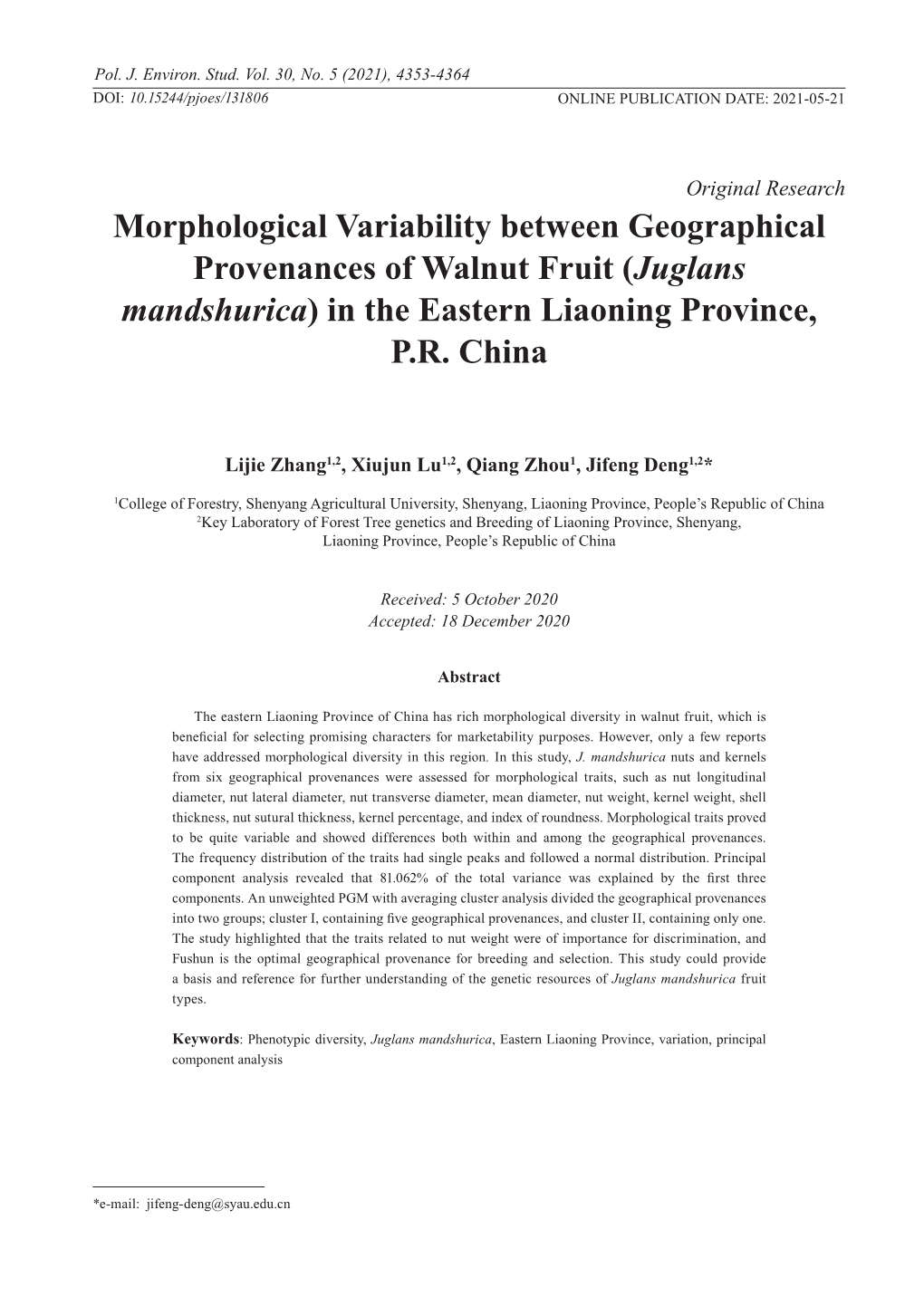 Morphological Variability Between Geographical Provenances of Walnut Fruit (Juglans Mandshurica) in the Eastern Liaoning Province, P.R