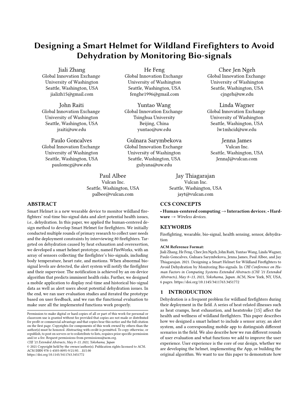 Designing a Smart Helmet for Wildland Firefighters to Avoid Dehydration by Monitoring Bio-Signals