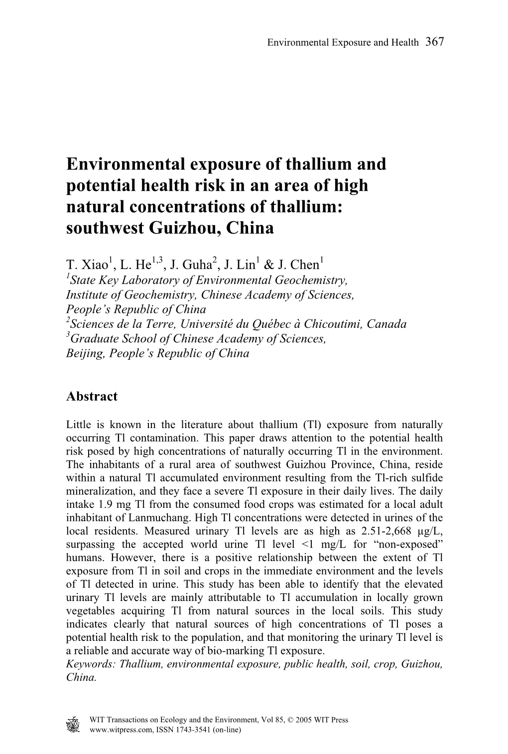 Environmental Exposure of Thallium and Potential Health Risk in an Area of High Natural Concentrations of Thallium: Southwest Guizhou, China