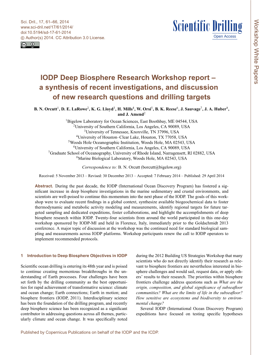 IODP Deep Biosphere Research Workshop Report – a Synthesis of Recent Investigations, and Discussion of New Research Questions and Drilling Targets