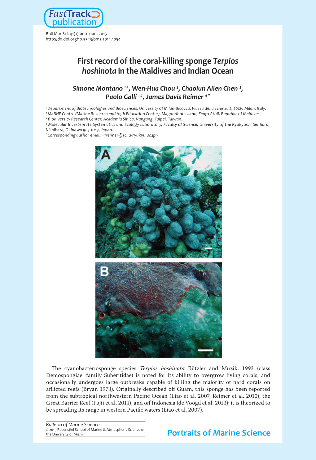 Portraits of Marine Science First Record of the Coral-Killing Sponge