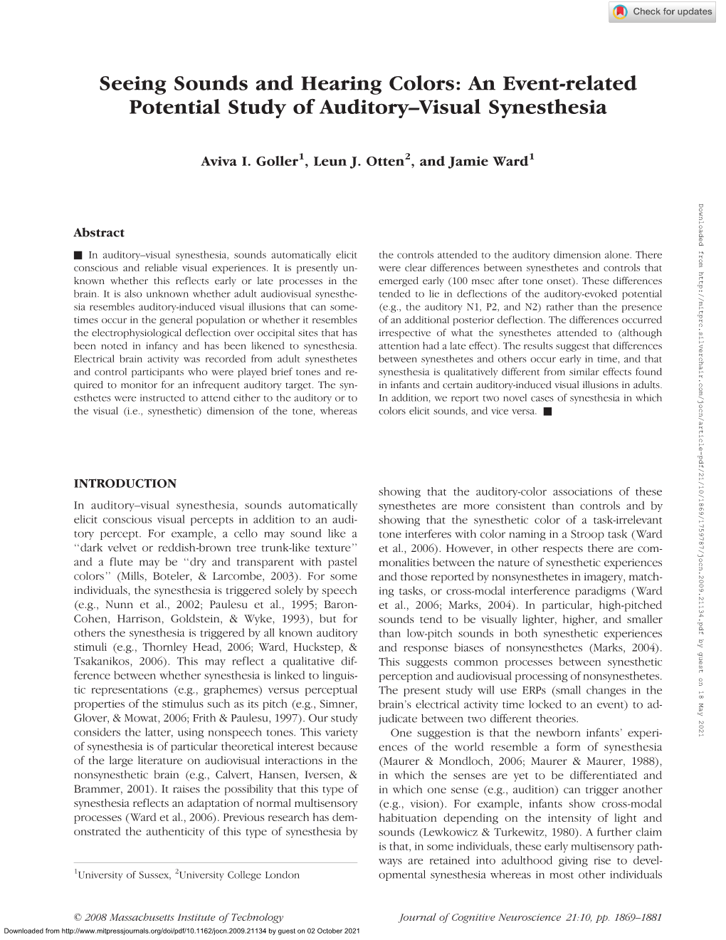 An Event-Related Potential Study of Auditory–Visual Synesthesia