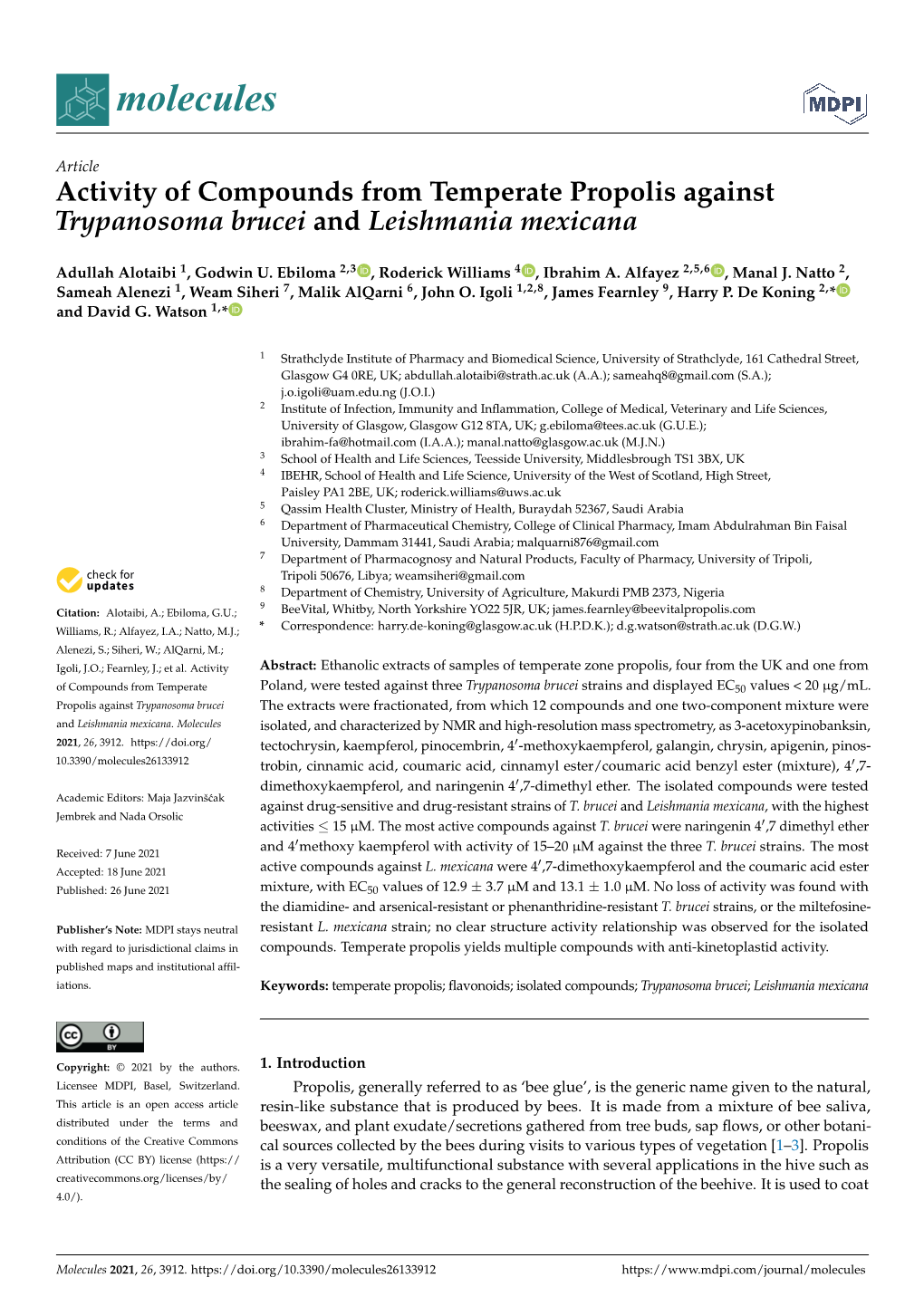 Activity of Compounds from Temperate Propolis Against Trypanosoma Brucei and Leishmania Mexicana