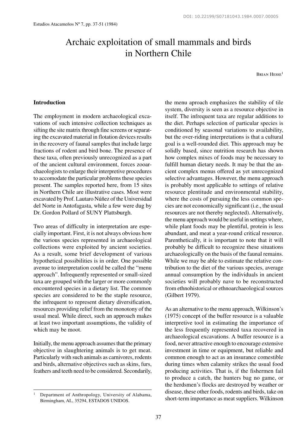 Archaic Exploitation of Small Mammals and Birds in Northern Chile