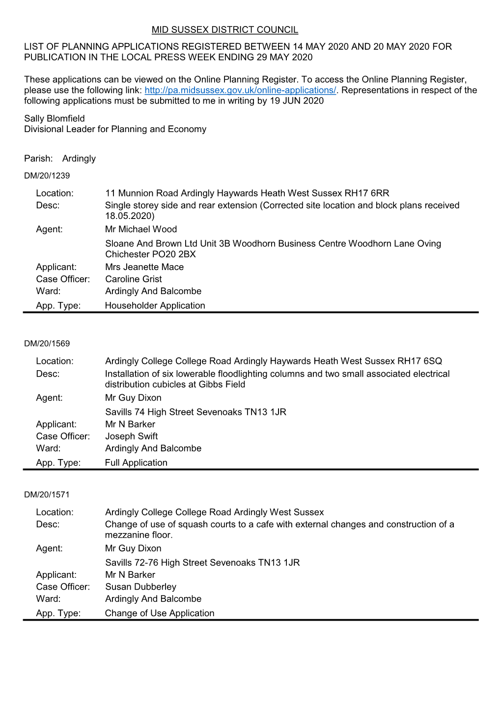 Mid Sussex District Council List of Planning Applications Registered Between 14 May 2020 and 20 May 2020 for Publication in the Local Press Week Ending 29 May 2020