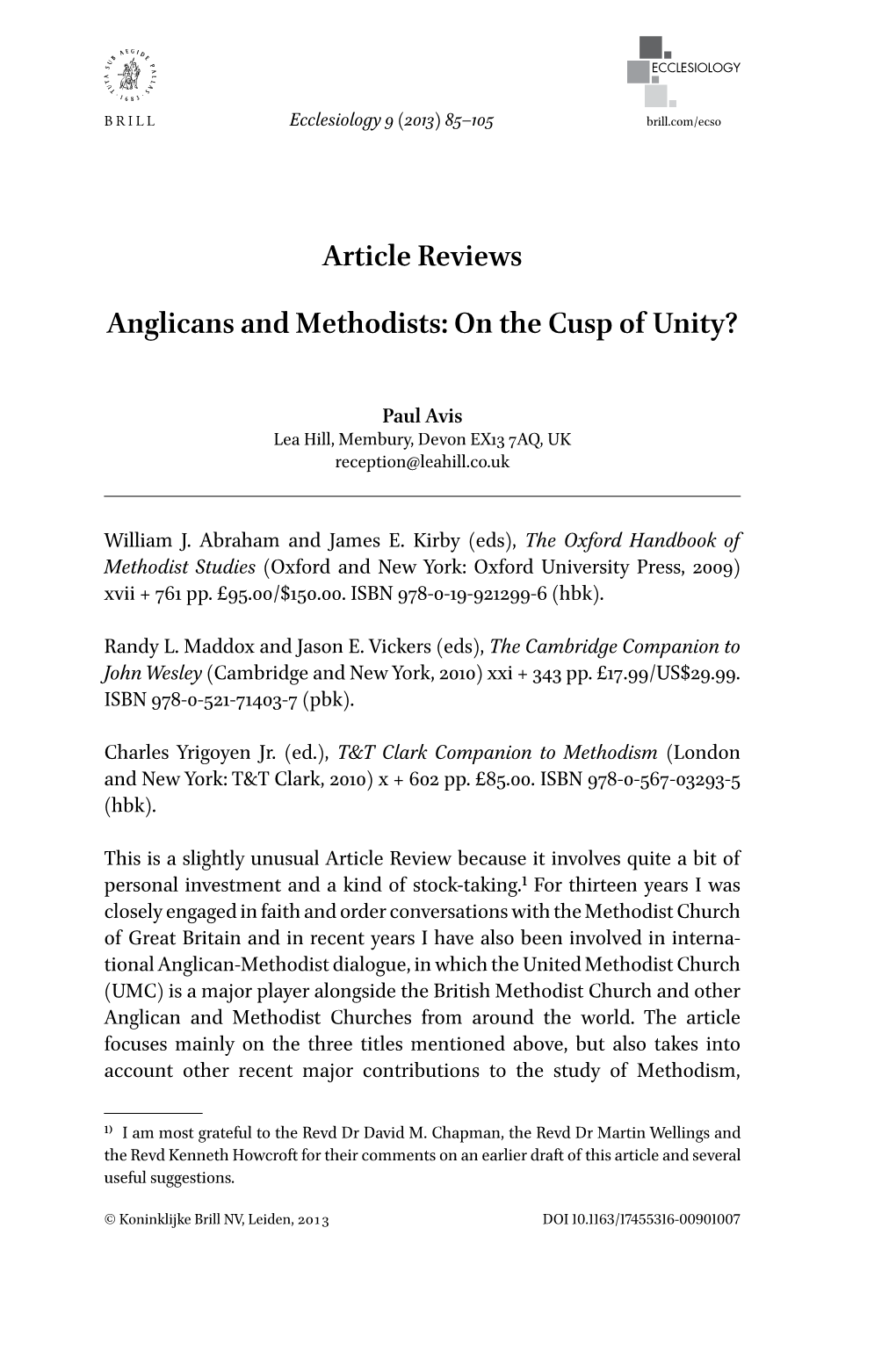 Article Reviews Anglicans and Methodists