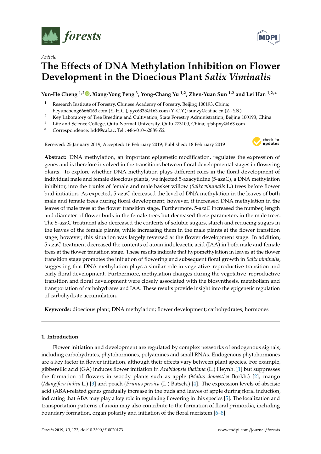 The Effects of DNA Methylation Inhibition on Flower Development in the Dioecious Plant Salix Viminalis