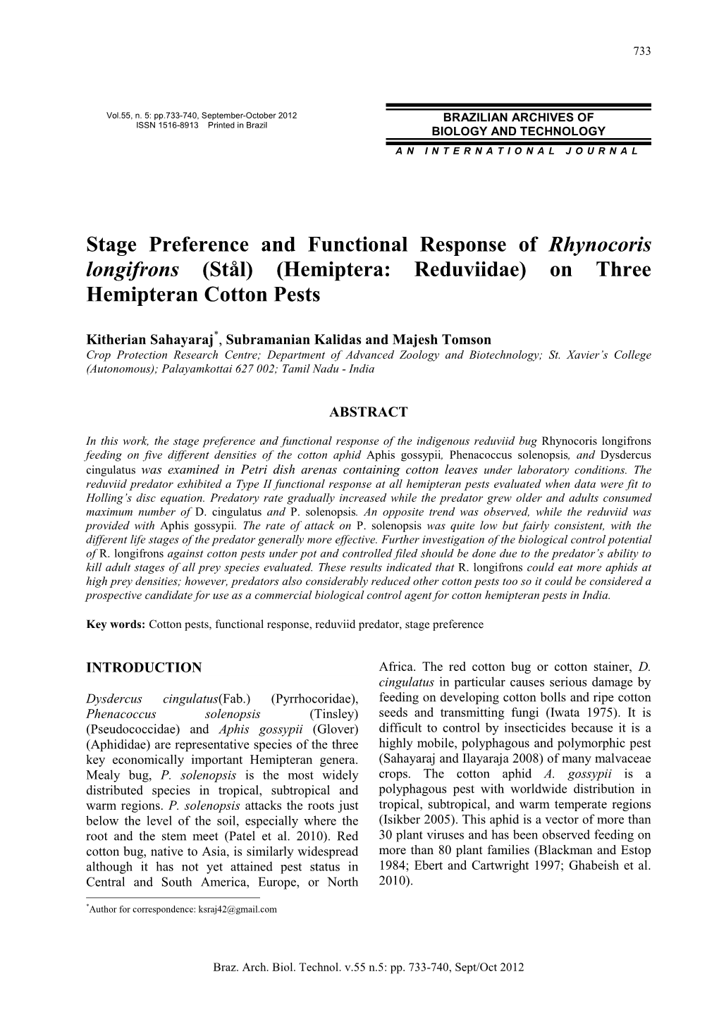 Stage Preference and Functional Response of Rhynocoris Longifrons (Stål) (Hemiptera: Reduviidae) on Three Hemipteran Cotton Pests