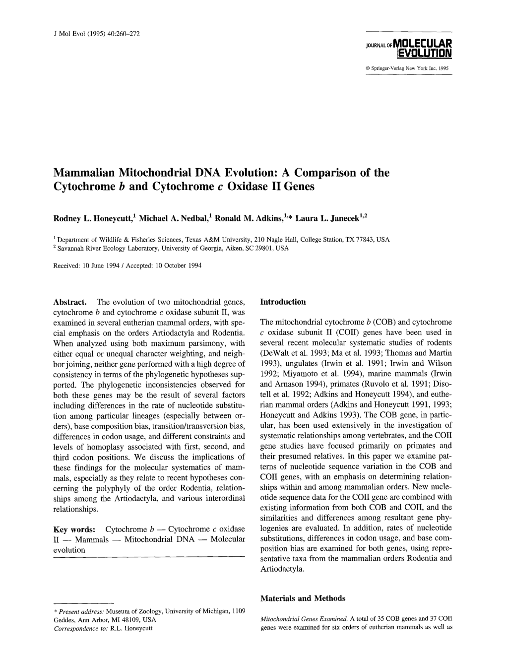 Mammalian Mitochondrial DNA Evolution: a Comparison of the Cytochrome B and Cytochrome C Oxidase II Genes