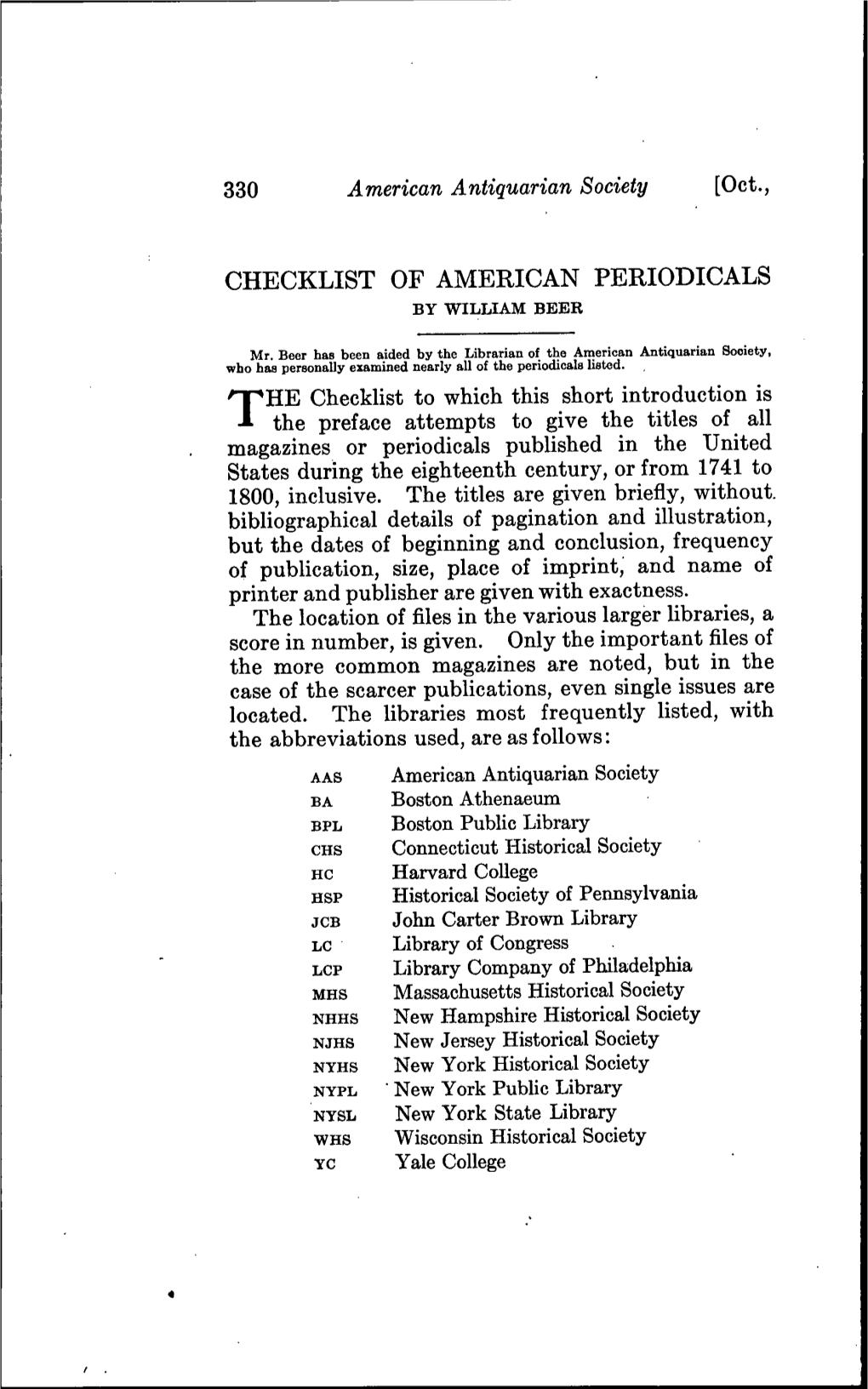 Checklist of American Periodicals by William Beee