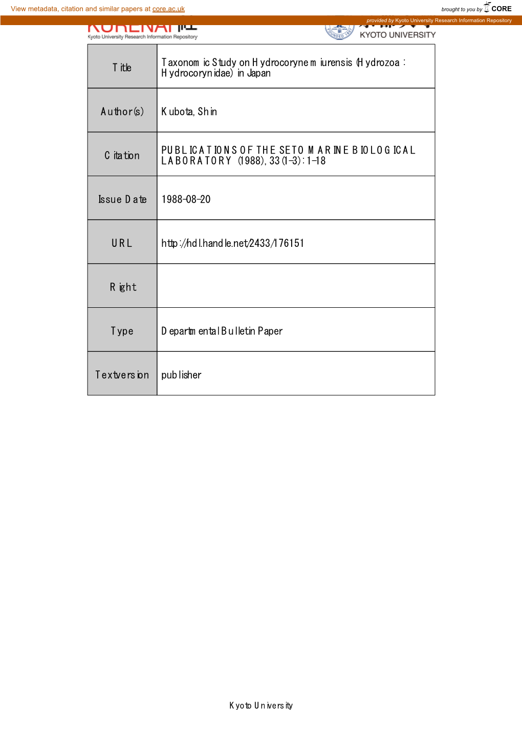 Title Taxonomic Study on Hydrocoryne Miurensis (Hydrozoa