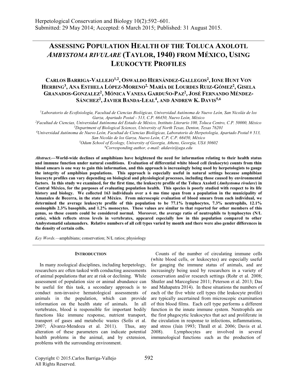 Assessing Population Health of the Toluca Axolotl Ambystoma Rivulare (Taylor, 1940) from México, Using Leukocyte Profiles