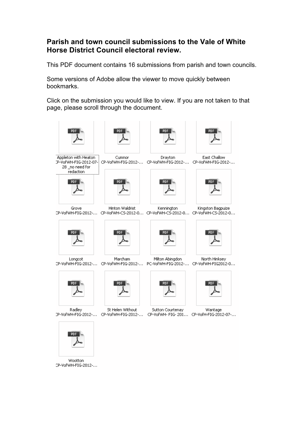 Parish and Town Council Submissions to the Vale of White Horse District Council Electoral Review