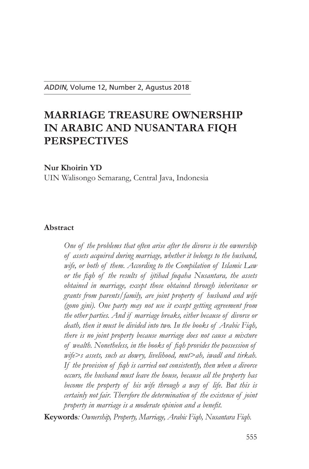 Marriage Treasure Ownership in Arabic and Nusantara Fiqh Perspectives