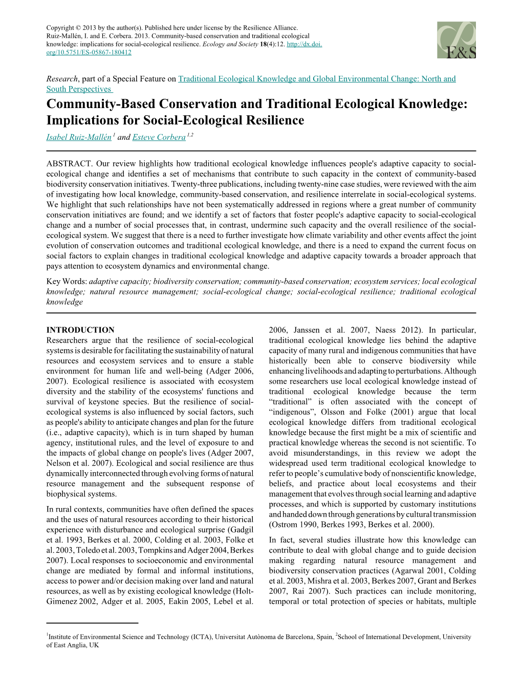 Community-Based Conservation and Traditional Ecological Knowledge: Implications for Social-Ecological Resilience