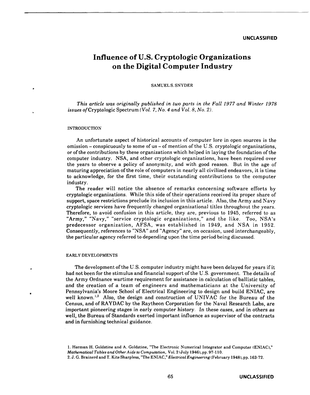 Influence of U.S. Cryptologic Organizations on the Digital Computer Industry