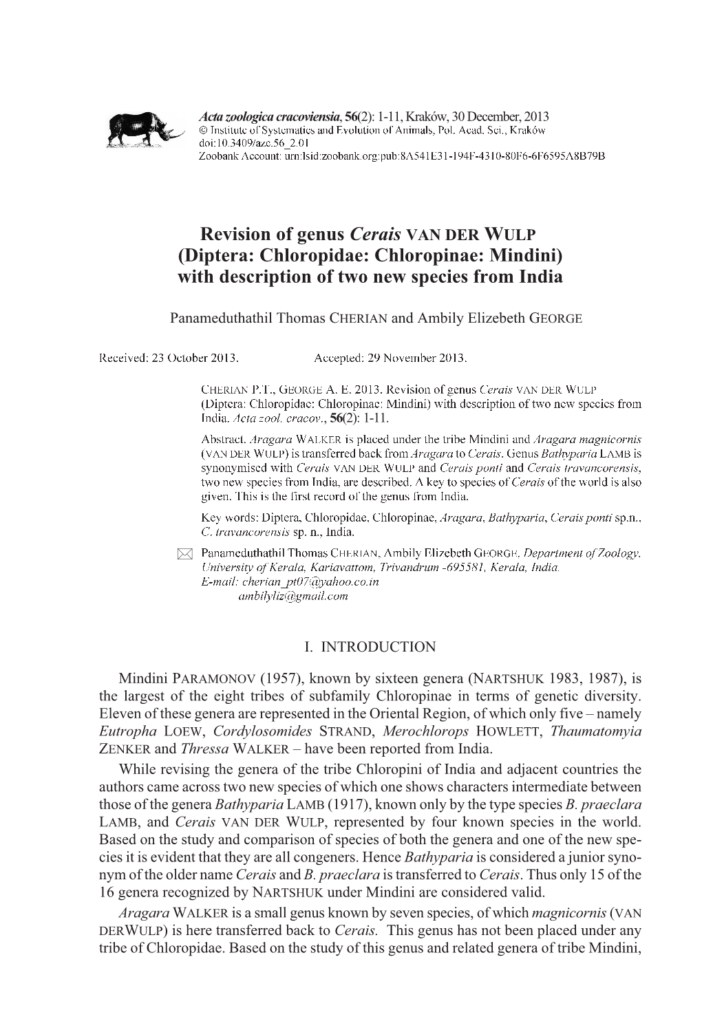 Diptera: Chloropidae: Chloropinae: Mindini) with Description of Two New Species from India