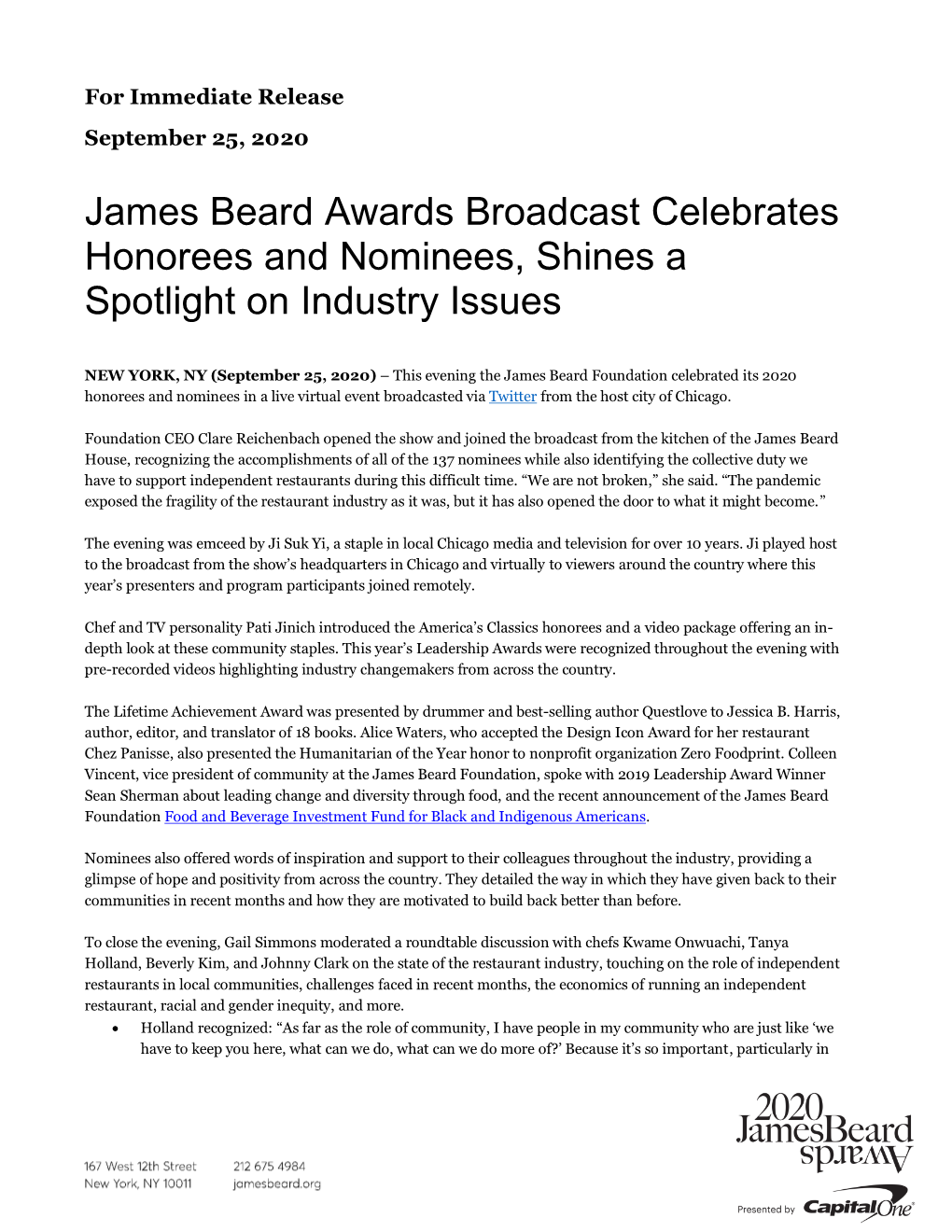 James Beard Awards Broadcast Celebrates Honorees and Nominees, Shines a Spotlight on Industry Issues