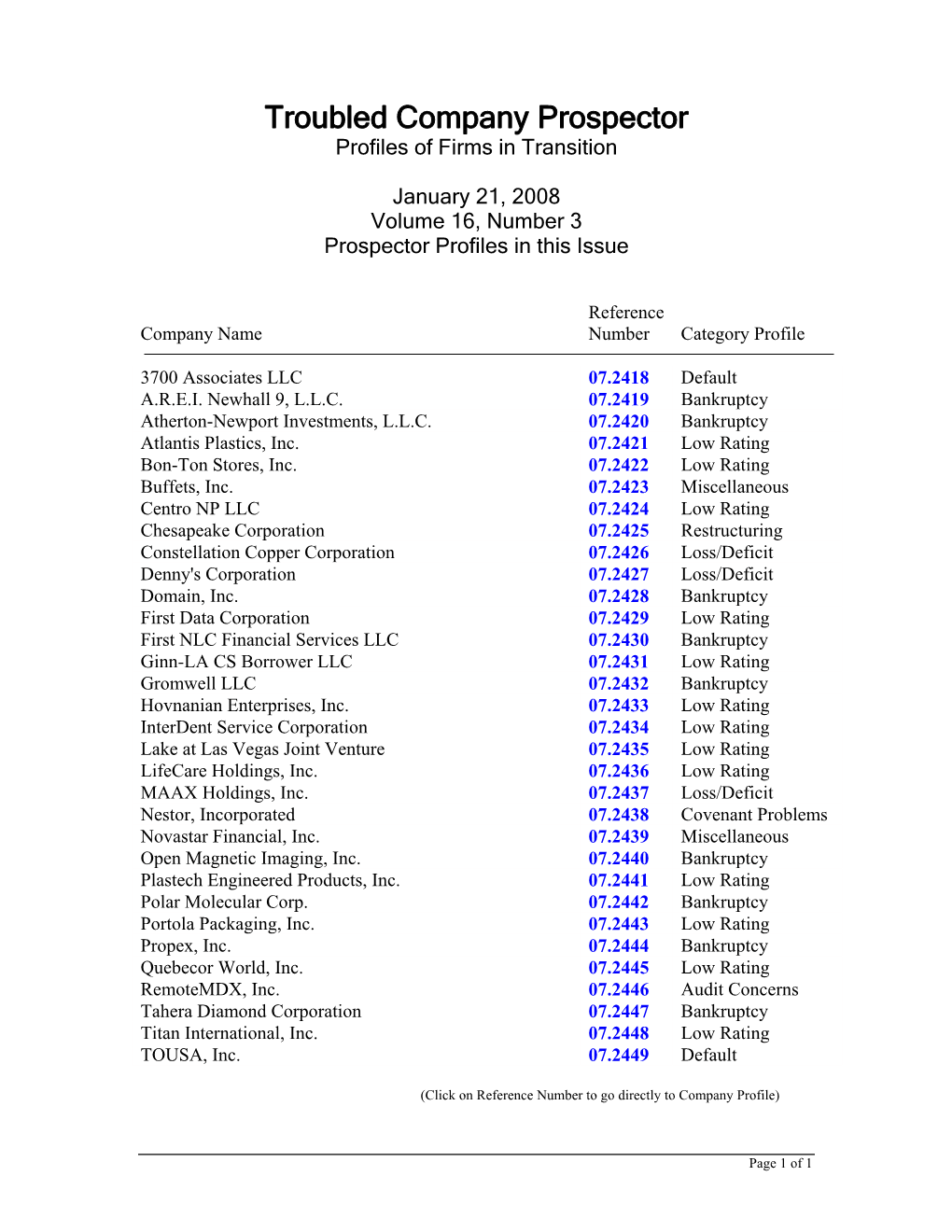 Troubled Company Prospector Profiles of Firms in Transition