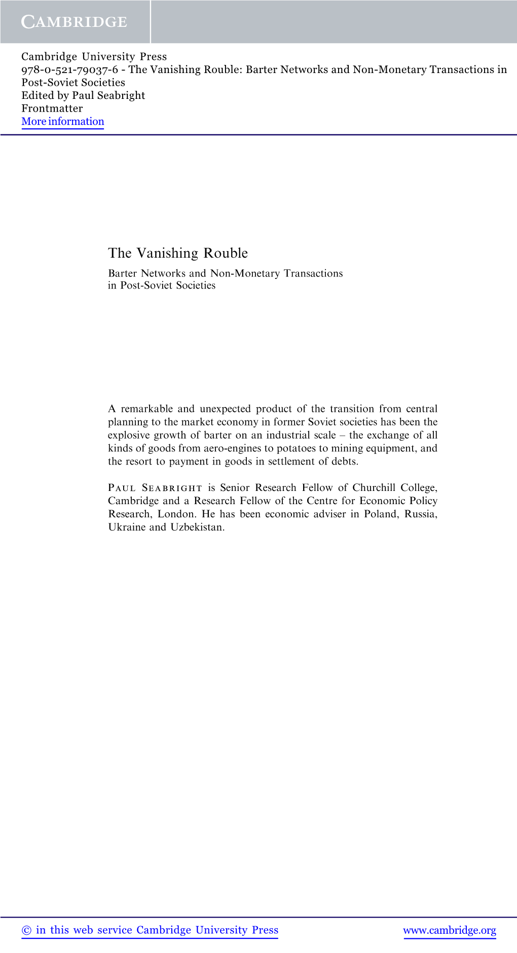 The Vanishing Rouble: Barter Networks and Non-Monetary Transactions in Post-Soviet Societies Edited by Paul Seabright Frontmatter More Information