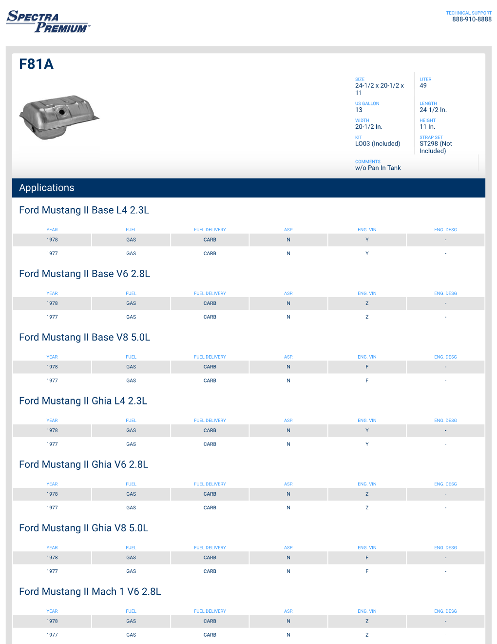 Applications Ford Mustang II Base L4 2.3L Ford