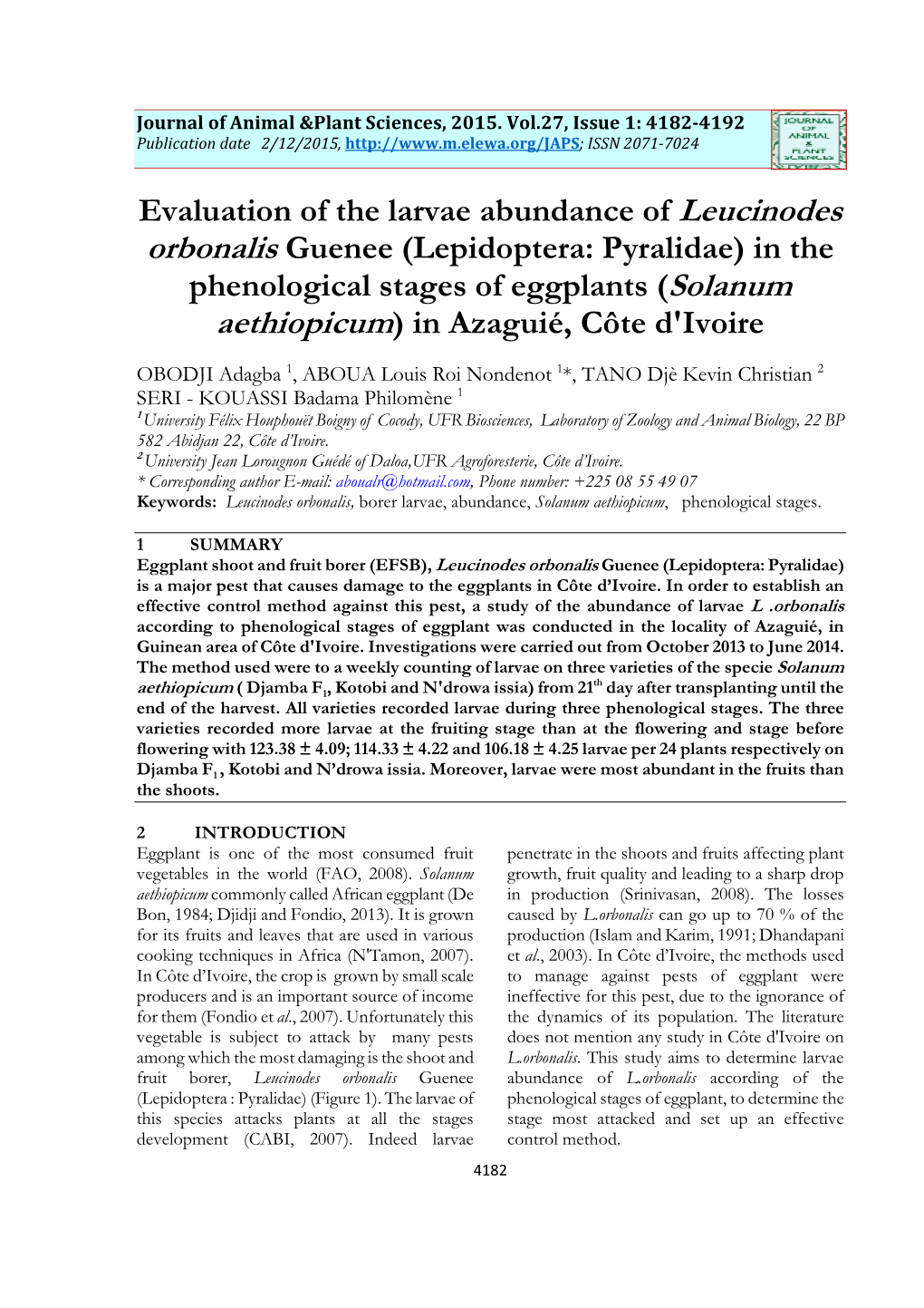 Evaluation of the Larvae Abundance of Leucinodes Orbonalis Guenee