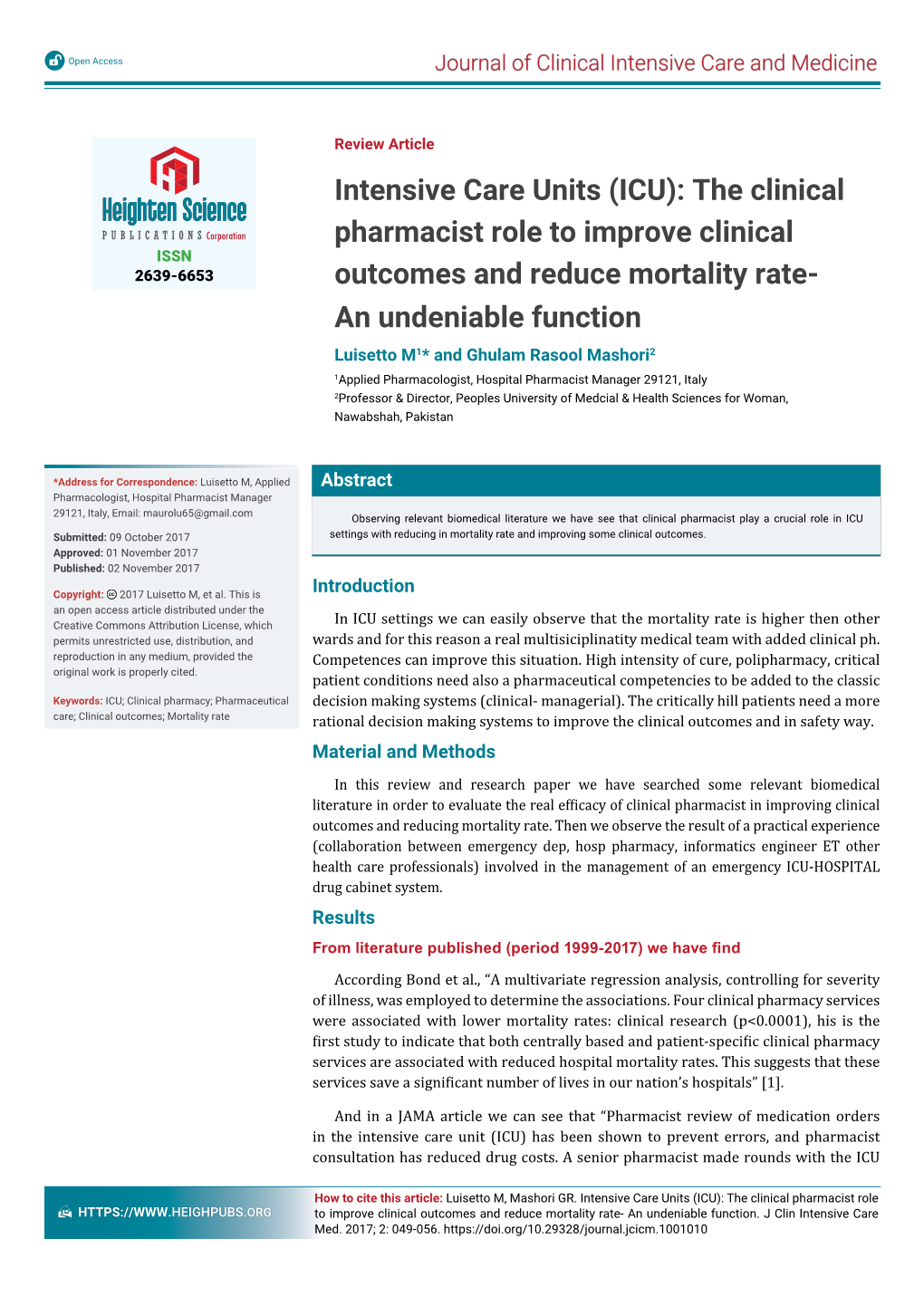 Intensive Care Units (ICU): the Clinical Pharmacist Role to Improve Clinical Outcomes and Reduce Mortality Rate- an Undeniable Function