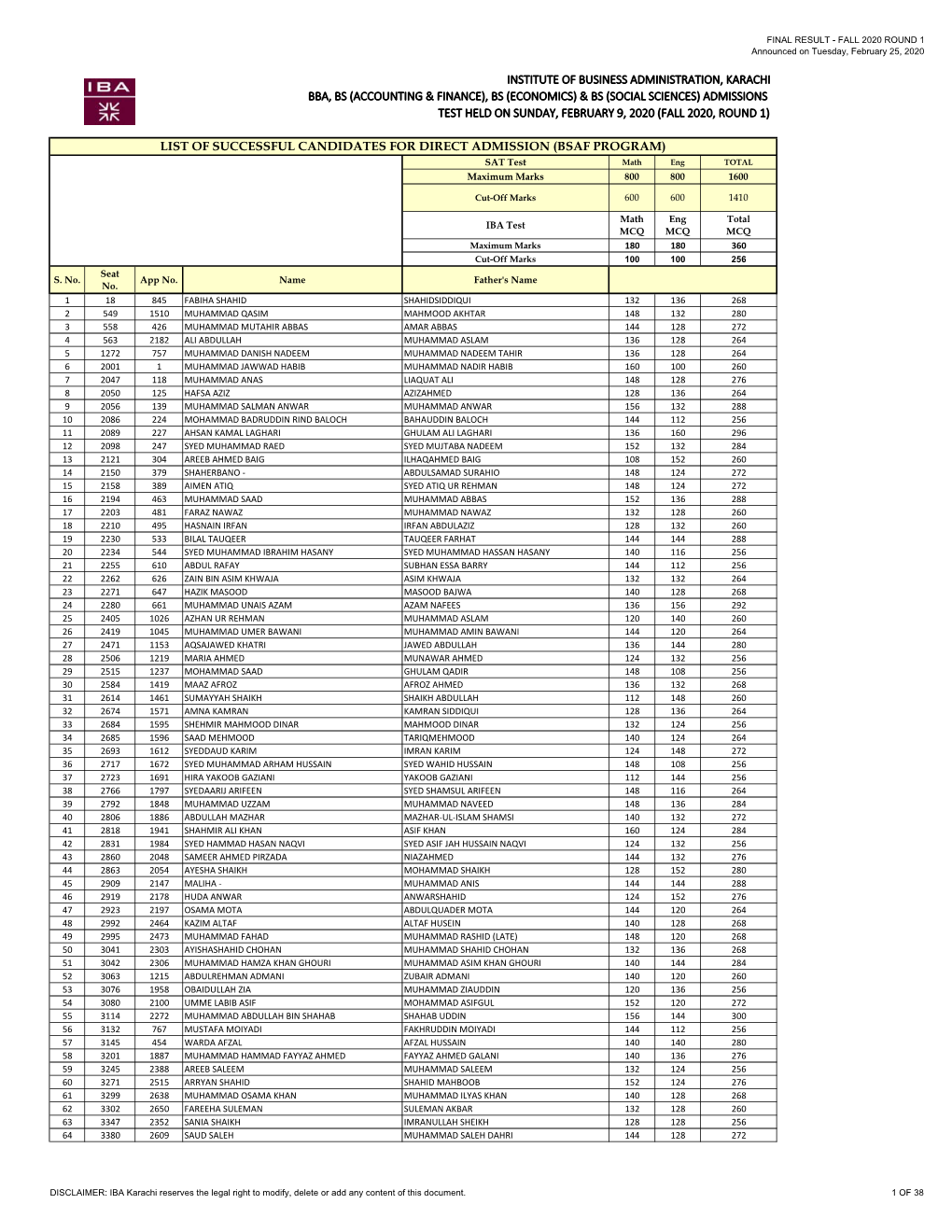 Institute of Business Administration, Karachi Bba, Bs