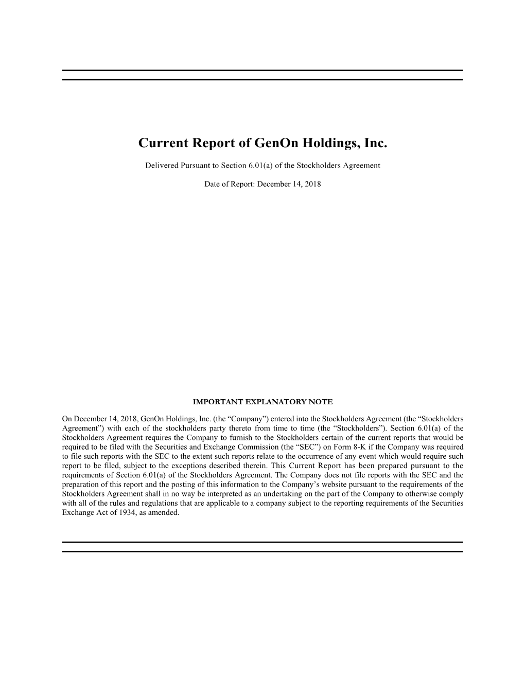 Current Report of Genon Holdings, Inc