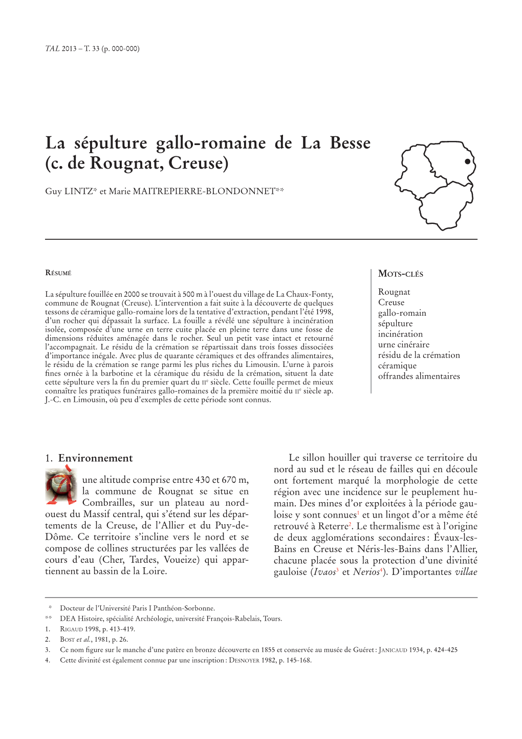 La Sépulture Gallo-Romaine De La Besse (C. De Rougnat, Creuse) •