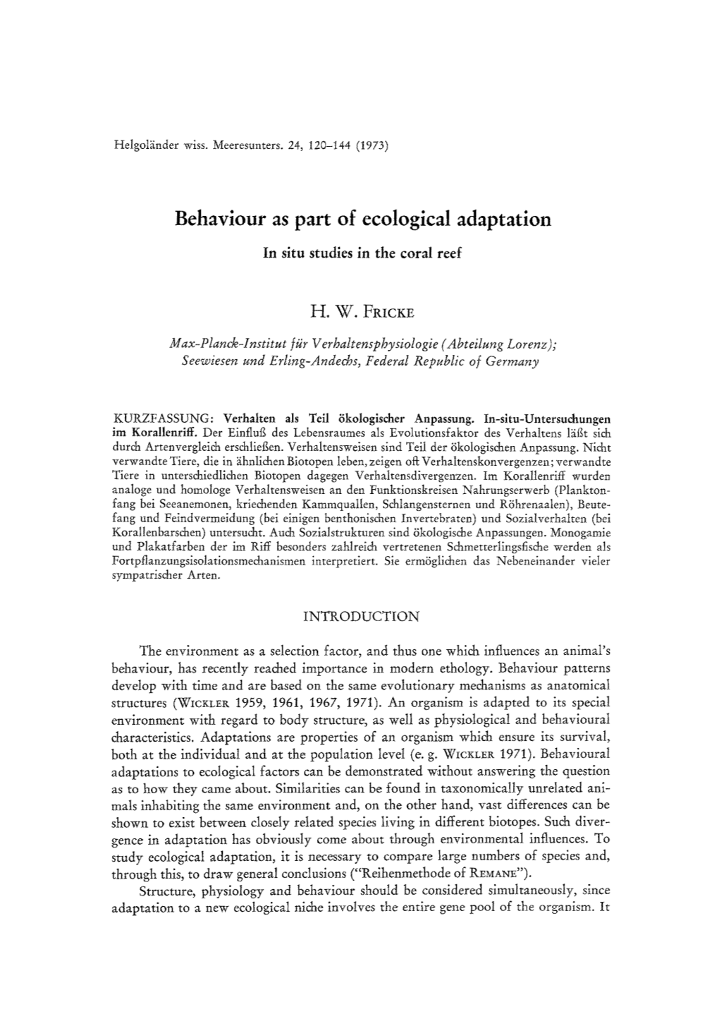 Behaviour As Part of Ecological Adaptation