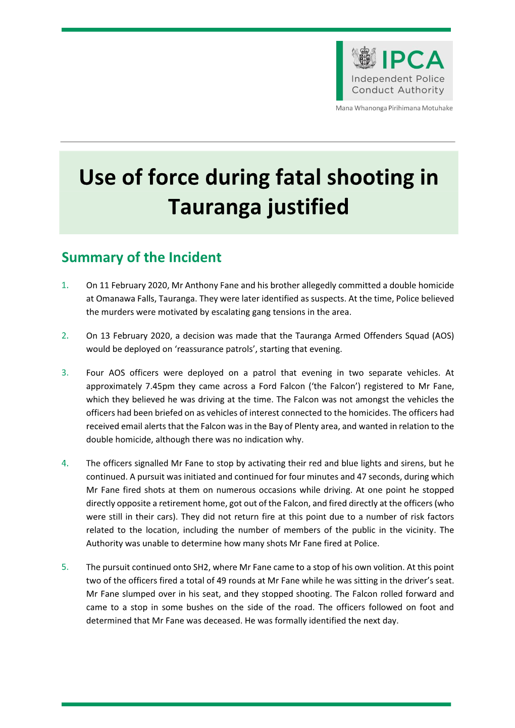 Use of Force During Fatal Shooting in Tauranga Justified