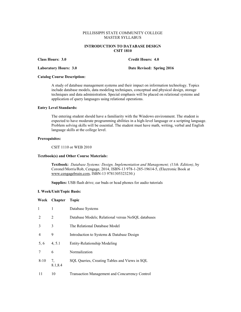 CSIT 1810 Introduction to Database Design