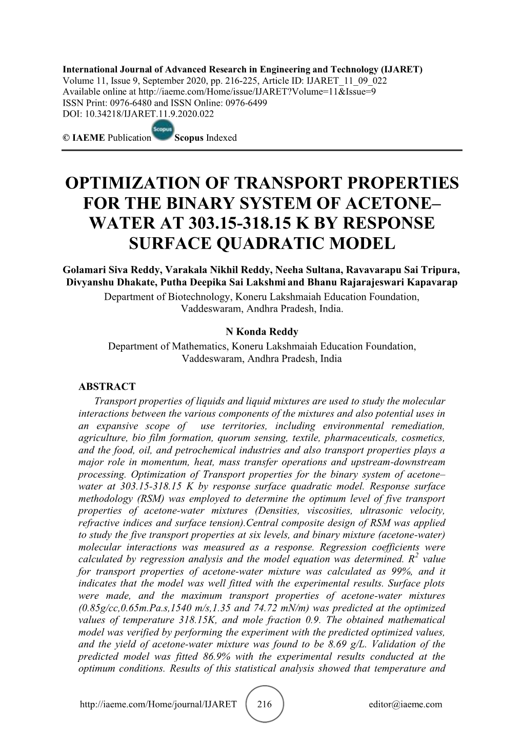 Optimization of Transport Properties for the Binary System of Acetone– Water at 303.15-318.15 K by Response Surface Quadratic Model