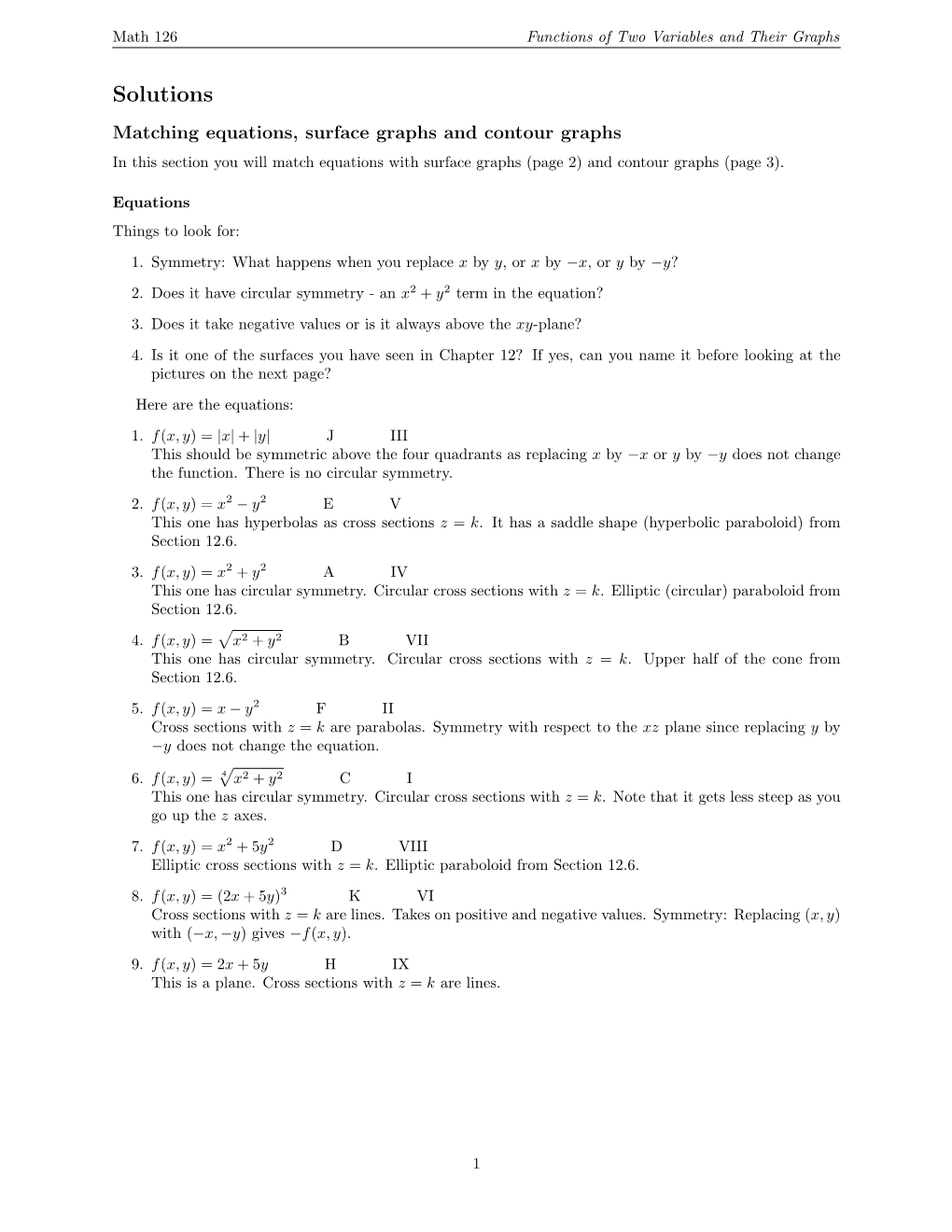 Solutions Matching Equations, Surface Graphs and Contour Graphs in This Section You Will Match Equations with Surface Graphs (Page 2) and Contour Graphs (Page 3)