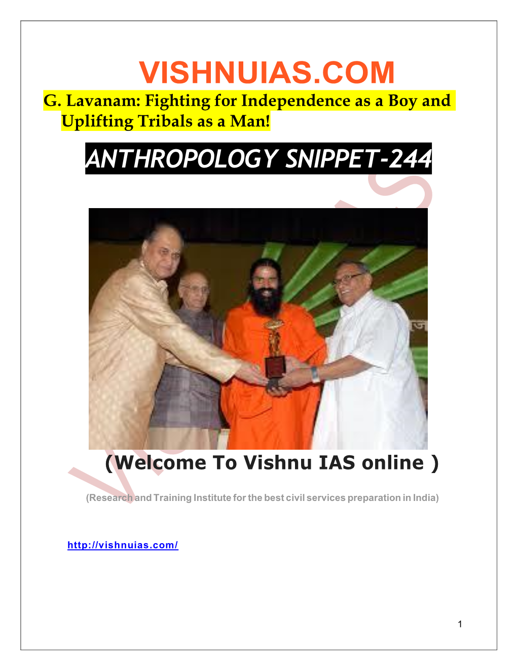 VISHNUIAS.COM G. Lavanam: Fighting for Independence As a Boy and Uplifting Tribals As a Man! ANTHROPOLOGY SNIPPET-244