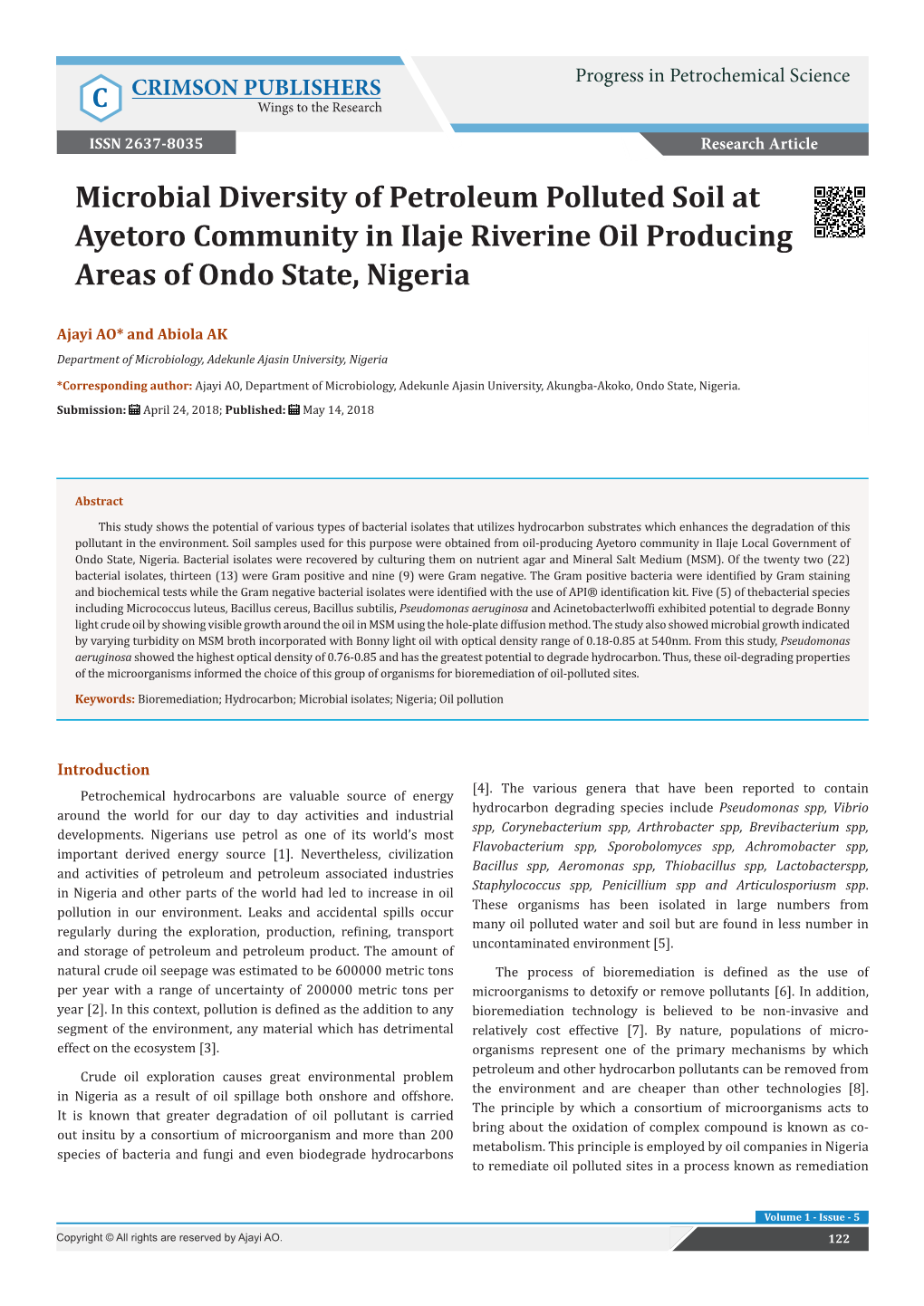 Microbial Diversity of Petroleum Polluted Soil at Ayetoro Community in Ilaje Riverine Oil Producing Areas of Ondo State, Nigeria