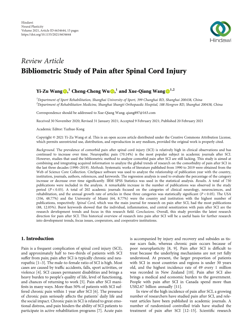 Bibliometric Study of Pain After Spinal Cord Injury