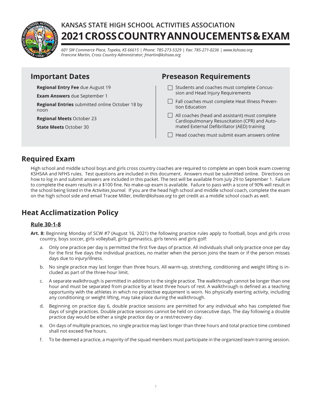 2021 Cross Country Annoucements & Exam