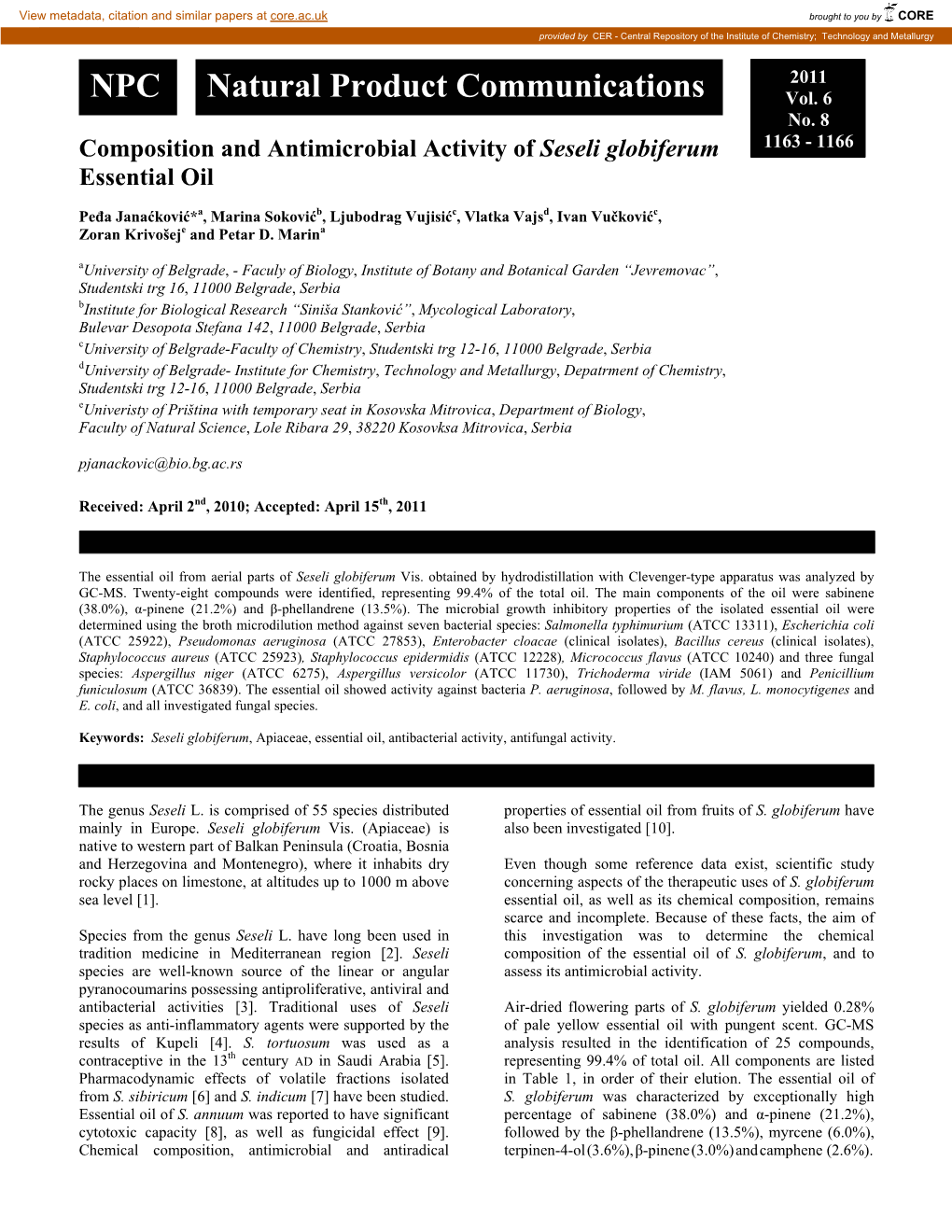 Composition and Antimicrobial Activity of Seseli Globiferum Essential