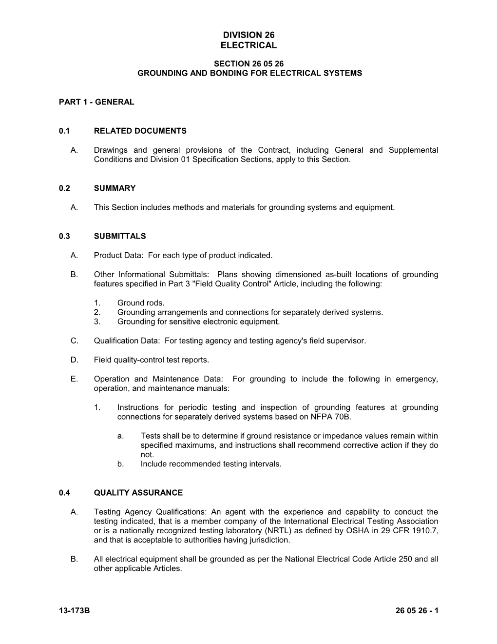 Section 260526 - Grounding and Bonding for Electrical Systems