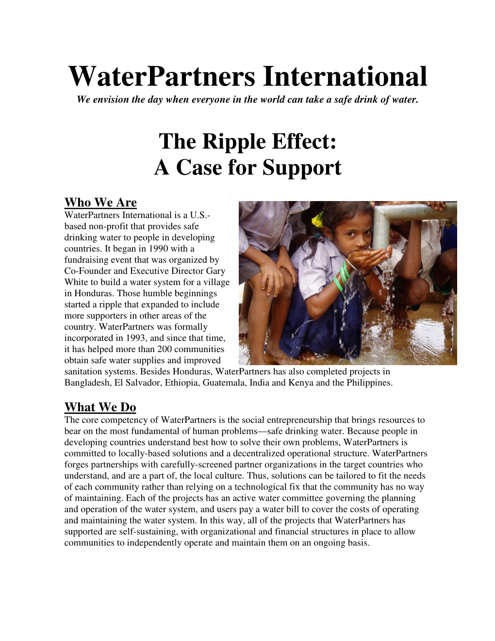 Waterpartners International We Envision the Day When Everyone in the World Can Take a Safe Drink of Water